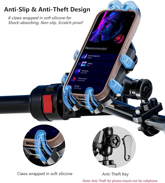 Kewig Motorcycle Phone Mount with Vibration Dampener, Anti-Shake Cellphone Cradle with Metal Handlebar Mounting Base Bike Phone Holder for Motorcycle Scooter ATV Fit 5.4-6.9" Phone