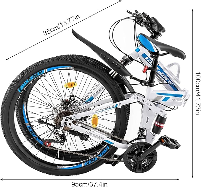 26" Folding City Bike Bicycle, 21-Speed Folding Bicycle for Adult, Camping Bicycle, Height Adjustable Folding Bike,with Mudguard, Mountain Bicycle for Roadways, Mountains, Racing, Blue&White