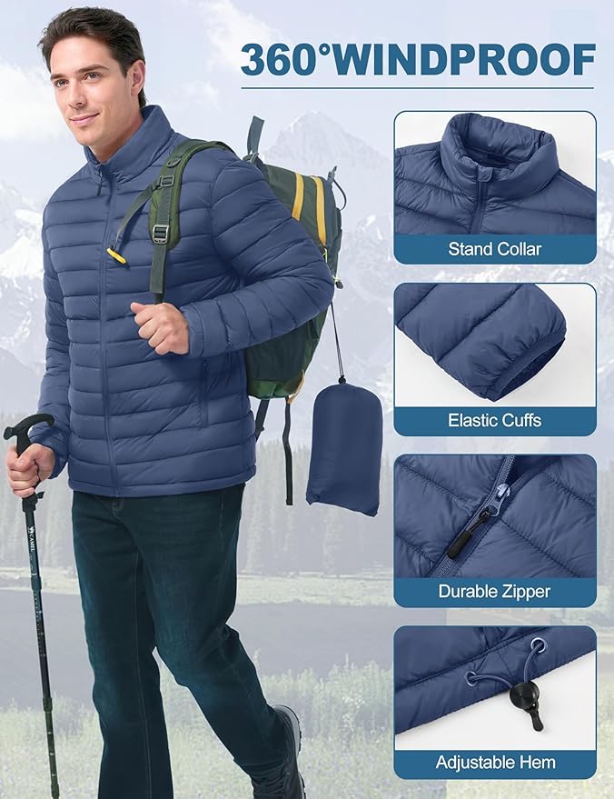 Men's Lightweight Packable Puffer Jacket Insulated Warm Winter Jackets Puffy Coat for Ski Hiking Travel