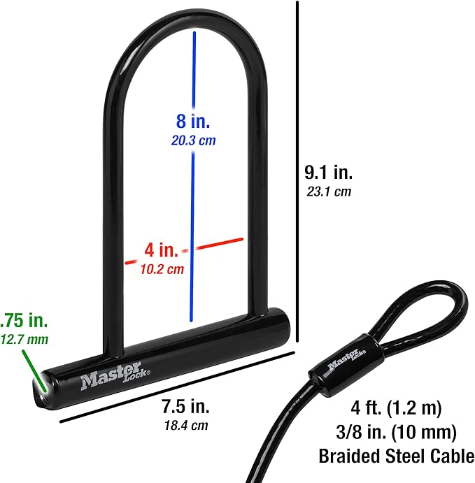 Master Lock 7.25" U Lock with Looped End Cable,(Pack of 6)