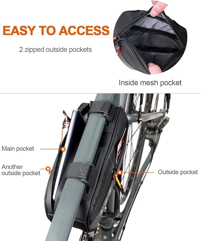 Bike Frame Bag, Water Resistant Bicycle Triangle Pouch with 2 Side Pockets, 3-in-1 Under Seat Storage Top Tube Pack for MTB Mountain Road Commuter Bikes, 1.2L