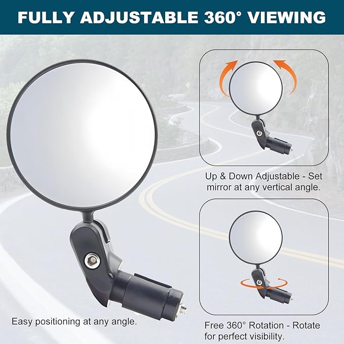 Bike Rear View Mirror for Handlebar End, 1 Pair 360° Adjustable HD Convex Glass Lens, Universal Fit for 18-22mm Inner Diameter, Easy Install, Suitable for Road, Mountain, and E-Bikes