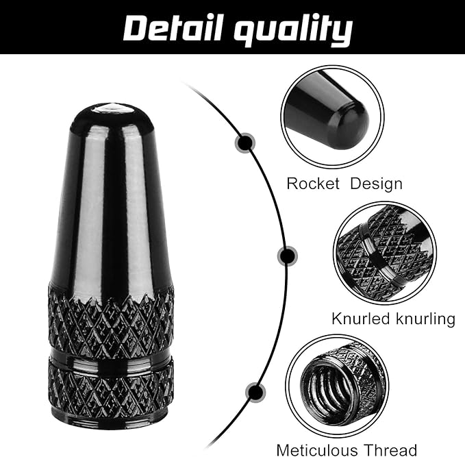 Aluminum Presta Valve Stem Caps – Black Tire Air Dust Covers for Bike (4 Pack) – Fit French Valves on Road, MTB, Hybrid, Racing, Fitness, Folding & Fat Bikes