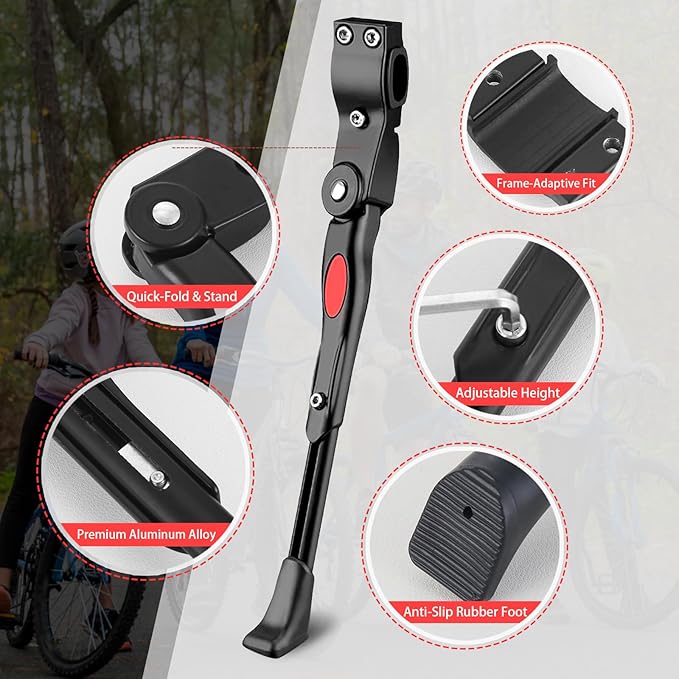 Adjustable Bike Kickstand Compatible with Nishiki, Bicycle Side Kickstand, Aluminum Alloy Bike Kick Stand, Easy to Install, for 22 24 26 Inch Mountain Bikes, MTB and Road Bikes Accessories, Black