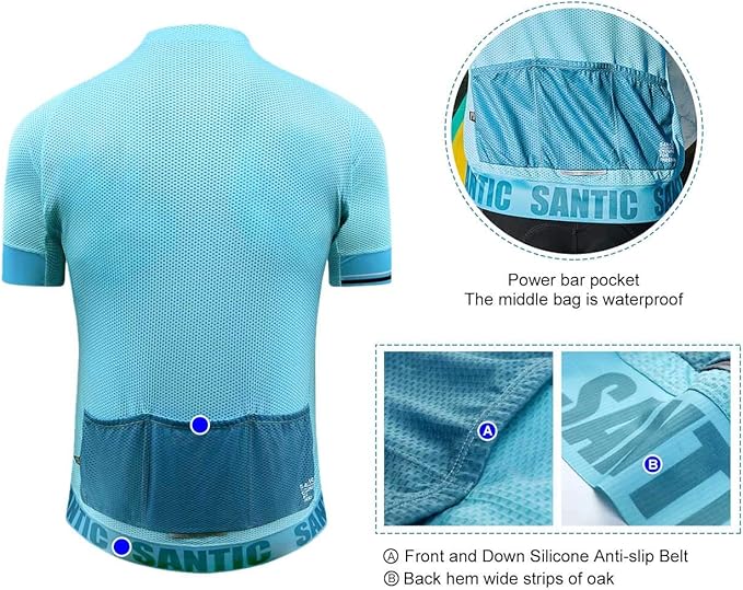 Santic Men's Cycling Jersey Short Sleeve Tops Pro Road Bike Shirt Full Zipper UPF 50+ MTB Jersey with Pockets
