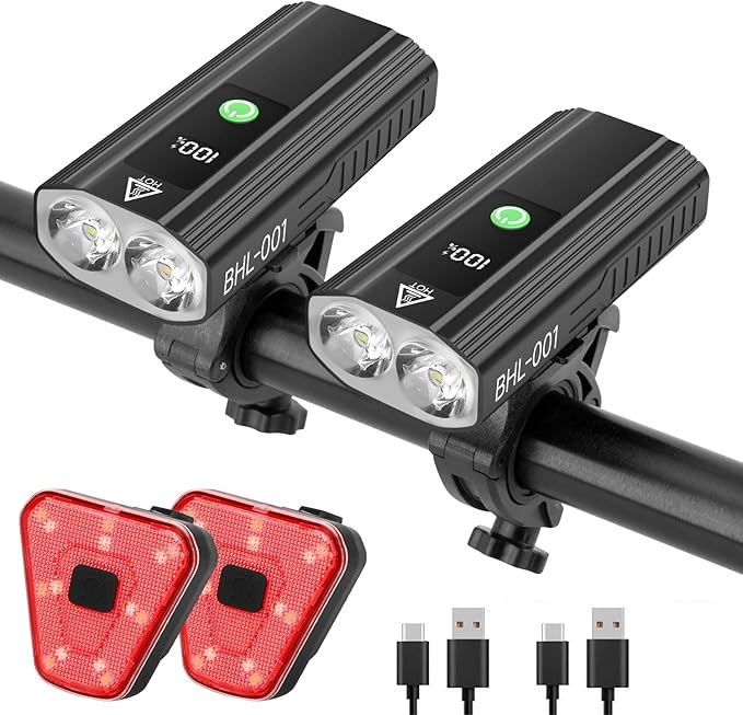 Super Bright Bike Lights for Night Riding, 5000mAh USB C Rechargeable LED Bicycle Light Front and Rear, 2000 Lumens Headlight and Back Tail Light Set for Road Mountain