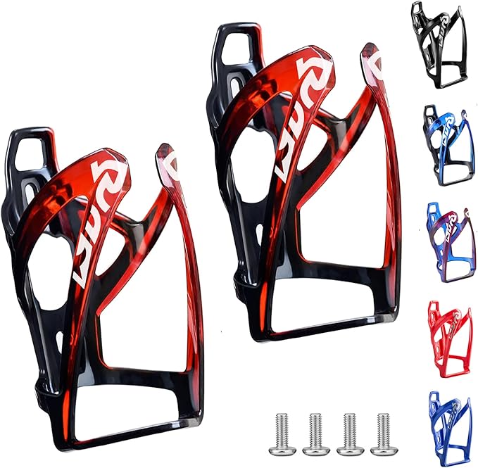 Bike Water Bottle Cage, Universal Drink Holder - Durable Ultralight Plastic Bottle Holder for Cycling, MTB, Road & Mountain Bikes, 2 Pack - Black Red