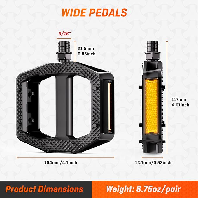 HENMI Bike Pedals,Fits Most Adult Bikes,9/16" Bicycle Pedals with Reflective Strips, Bike Pedal Replacement,Fits Most Adult Road EBike MTB Bicycles for Men and Women（HMBP-D03）
