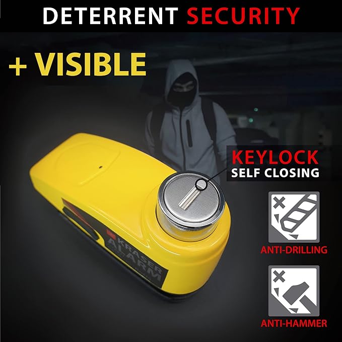 KRASER KR7Y Alarm Disc Lock USB Rechargeable Battery, 110dB Motion Sensor, Waterproof +Visible, 7mm Pin, Carry Pouch, Universal Anti Theft Wheel Brake Lock for Motorcycle Scooter Bicycle Electric Bike