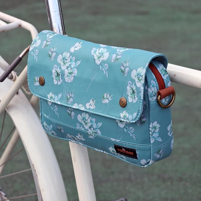 TOURBON Bike Bag Waxed Canvas Bicycle Handlebar Bag Zipper Closure Pouch Crossbar Front Frame Basket Cycling Saddebag Under Seat Strap-on Rear Rack Pannier (Blue with Flower)