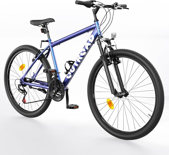 26" Mountain Bike, 7-Speed Lightweight High-Carbon Steel Frame, V Brakes & Front Suspension - Adjustable Ergonomic Seat for Men & Women(Quick Assembly, Multiple Colors)