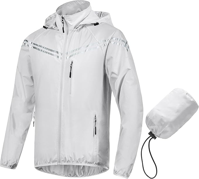 CREATMO US Men's Packable Waterproof Running Rain Coats Reflective Cycling Jacket Windbreaker With Removable Hood