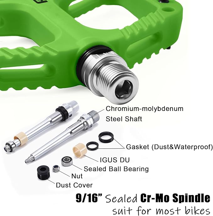 MTB Pedals Flat Mountain Bike Pedals Adult, Light and Wide Nylon Composite Bicycle Platform Pedal w Grippy Pins, 9/16" Cr-Mo Spindle 2 Bearings, Clipless Pedals for BMX Gravel Road E.Bike 9/16"