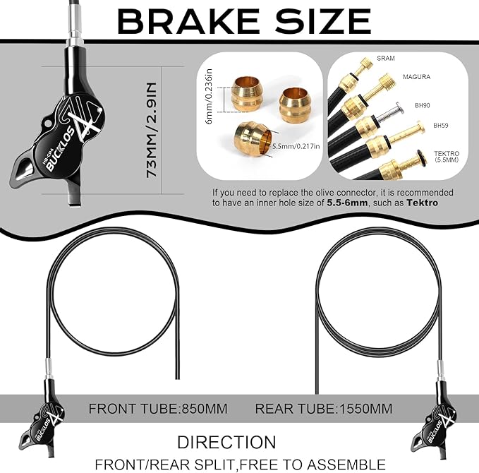 BUCKLOS MTB Hydraulic Disc Brake Set 4 Pistons Front 850mm and Rear 1550mm Hydraulic Brakes with Aluminum Alloy Lever with Caliper Ceramic Brake Pad Fit Mountain Bike,Ebike,Fat Bike HB-CP4 (Pre-Bled)