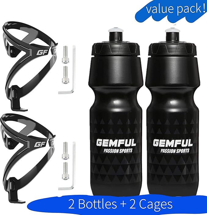 GEMFUL Bike Water Bottles with Bicycle Holder 750ml Mtb Cycling Squeeze 24 oz Sport Bottle 2 Pack