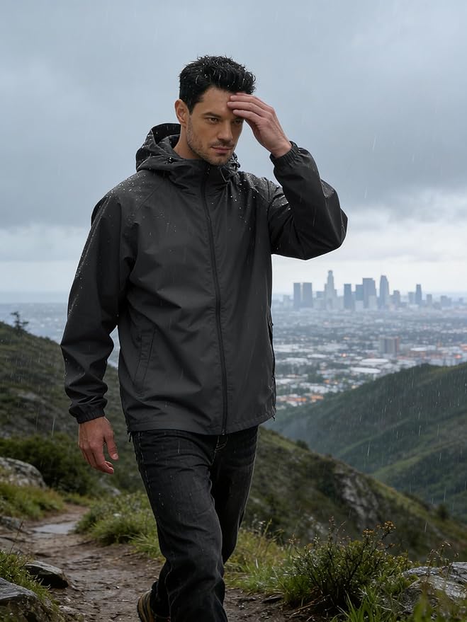 Men's Rain Jacket Windbreaker Waterproof Jacket Raincoat Cycling Running Hiking Gear Hood Lightweight Packable