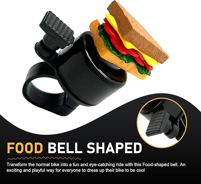 Bike Bell, Cute Sandwich Shaped Aluminum Alloy Bicycle Bell with Loud Crisp Clear Sound, Funny Decorative Cycling Accessory, Universal for Balance, Scooters, Bikes (Yellow)