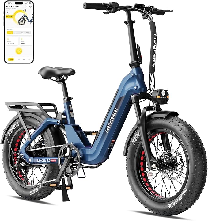 Heybike Ranger Foldable Electric Bike for Adults, 1200W/1800W Peak Motor, 28/32MPH E Bike, 55/90 Miles Range, 20"x4.0" Fat Tire Ebike with Removable Battery, Hydraulic Brakes for Snow, Beach,Commuting