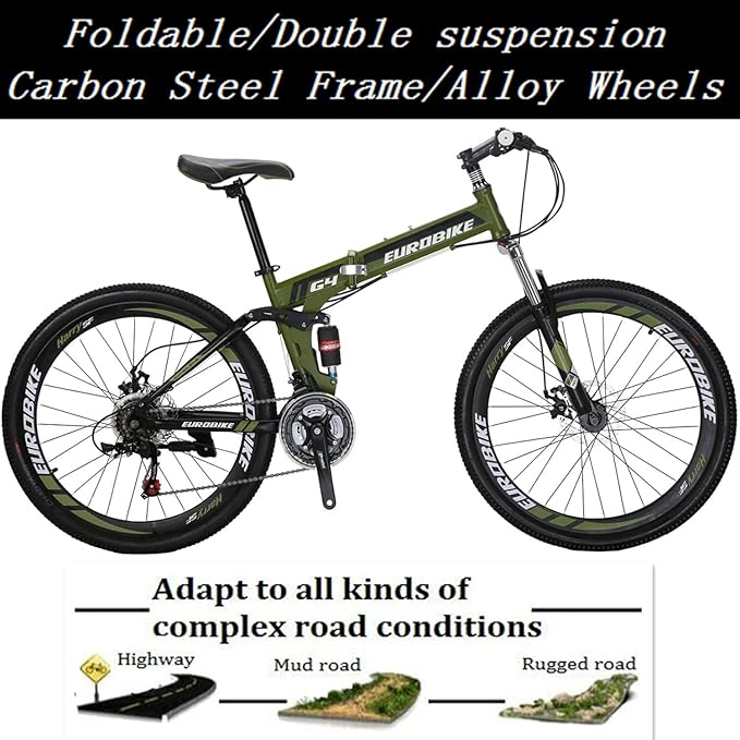 EUROBIKE Mountain Bike, 21 Speed, 26/27.5 Inches, Dual Suspension, Folding, for Men