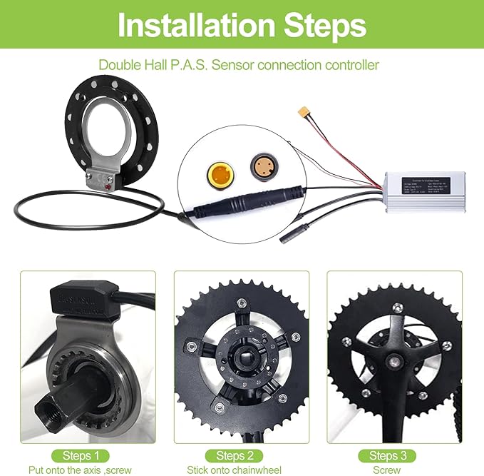 Electric Bike Pedal Assist System (PAS) with Speed Sensor and Dual Hall Sensors - Fast Assembly, 3-Pin Male Connector - E-Bike Conversion Cycling Accessories
