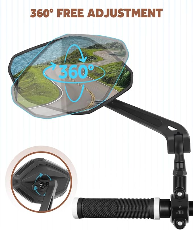 Bike Mirror Handlebar Mount, HD Wide Rear View Bicycle Mirrors for Handlebars with Scratch Resistant Glass, 360°Adjustable Bike Rear View Mirror for Scooter, Motorcycle, Bikes (HD Lens: 1 Pair)