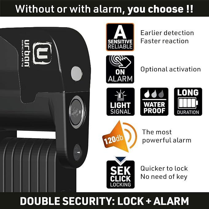 URBAN UR476B Double Security Bike Lock | Smart Alarm, 120dB, LED Alert, Warning | Most Secure & Deterrent | Folding Locks Heavy Duty AntiTheft for Bicycle Electric Scooter, More Convenient Case, 90cm