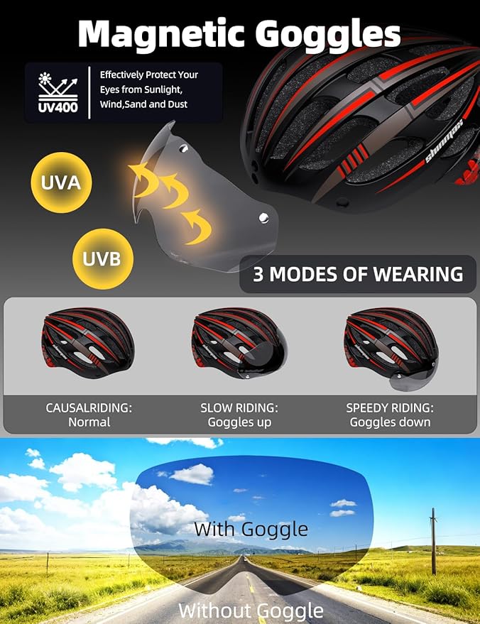 Shinmax Bike Helmet with USB Rechargeable Light & Detachable Magnetic Goggles UV Protective, Bicycle Helmet Men Women Mountain Road Adjustable Adult Cycling Helmet (WT-049)