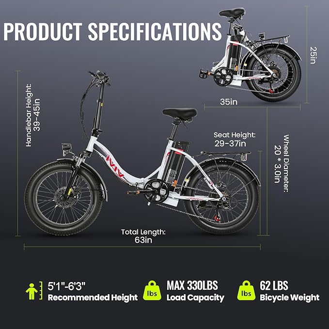 Vivi MT20UL Foldable Electric Bike 20" x3.0 Fat Tire Electric Bike with 48V 499.2WH Removable Battery, Peak 1000W, Up to 50 Miles EBike, 7-Speed, 21.7MPH, Cruise Control, SGS Certified to UL2849