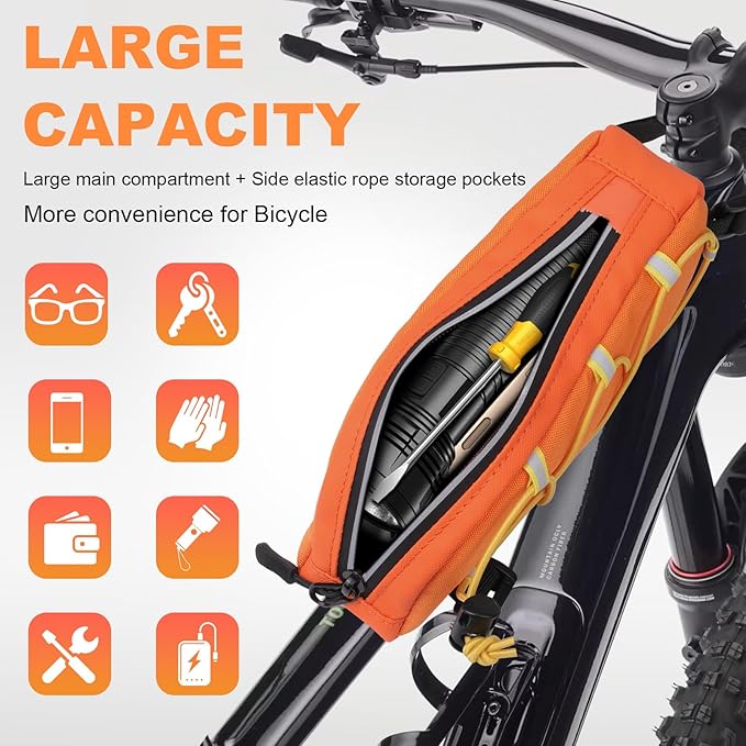Bike Top Tube Bag Waterproof Bicycle Front Frame Bag Top Tube Bike Pouch for Road Mountain Bicycle Outdoor Cycling Travel Hiking（Orange）