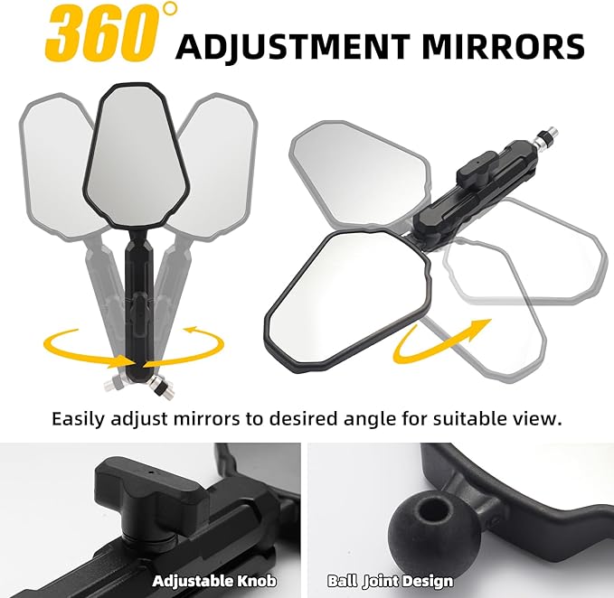 Adventure Motorcycle Mirrors - Universal 7/8" Handlebar ATV Mirrors, 360 Adjustable M10 M8 Black Foldable Rear View Mirror Compatible with ATV, Scooter, Street Bike, Dirt Bike, Snowmobile and More