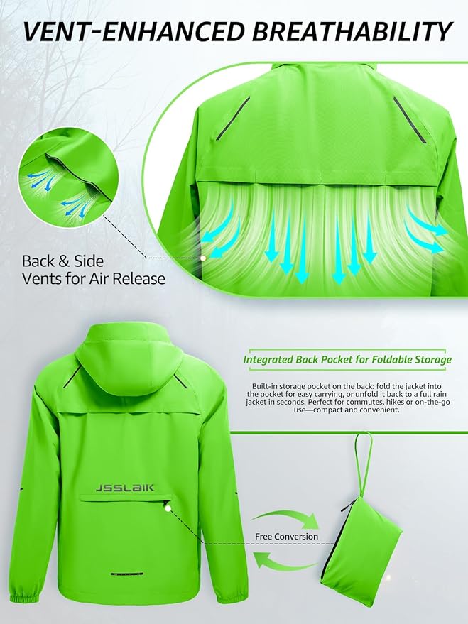 Men's Rain Jacket Waterproof Windproof Breathable for Hiking Cycling Commuting with Hood & Pockets