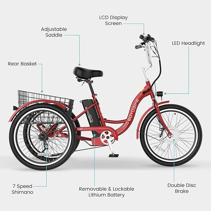 Electric Tricycle for Adults Seniors, 24/26 Inch 3 Wheel E-Trike, 350W Motor (700W Peak), Removable 36V Battery, Up to 15.5MPH, 25-60Mile Range, Low Step-Through, Rear Basket, 350lbs Capacity, 7 Speed