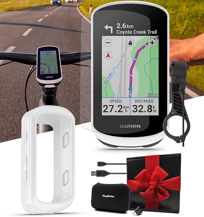 Garmin Edge Explore 2 (Power Mount) Bicycle Computer - Touchscreen & Easy to Use Cycling GPS, Maps & Traffic - Gift Box with PlayBetter Silicone Case (White), Tempered Screens, Adapter, & Case