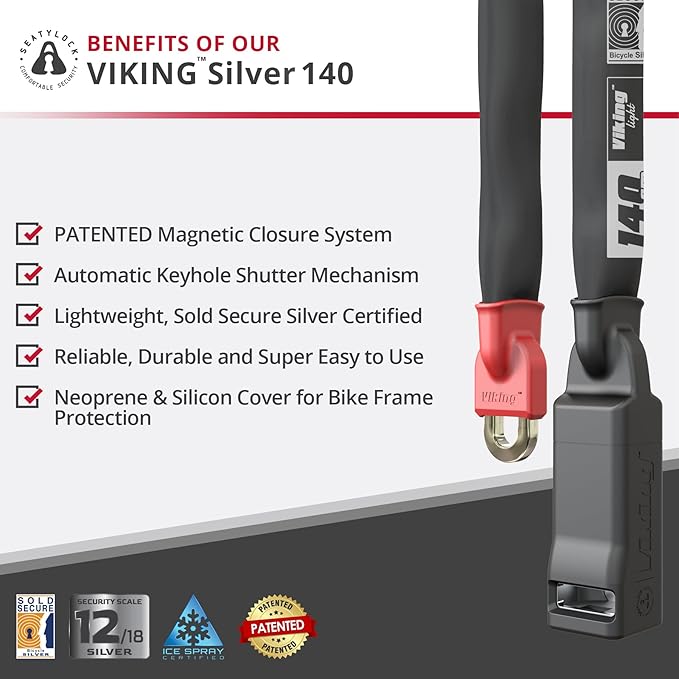 Seatylock Viking Bike Chain Lock with Key - Magnetic Patented Sold Secure Rated - Heavy Duty Anti Theft - Smart Ultra Security Bicycle Lock (55.11 Inch, Silver Rated)
