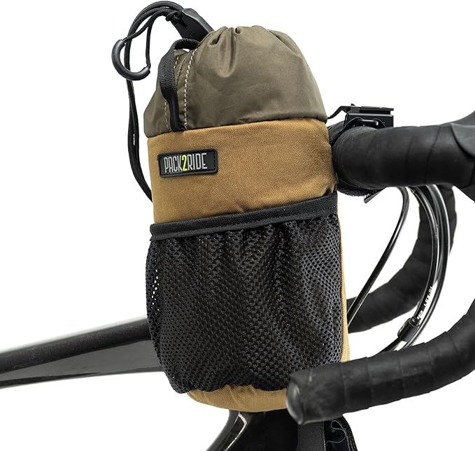 Bongo Bike Handlebar Bag - Water Resistant & Durable Fabric Bicycle Water Bottle Holder, Secure Attachment Bikepacking Stem Bag, One-Handed Access Feed Bag, Front Cycling Storage - Coyote