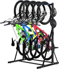 LAJIAOZ Indoor Bike Rack for Garage 5 Bike Storage Stand, Freestanding Vertical Bicycle Rack with Adjustable Hooks, Heavy Duty Steel Garage Bike Organizer for Road Mountain Hybrid Bikes, Black