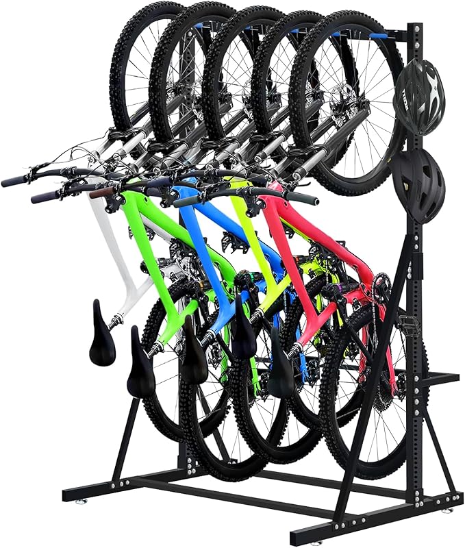 LAJIAOZ Indoor Bike Rack for Garage 5 Bike Storage Stand, Freestanding Vertical Bicycle Rack with Adjustable Hooks, Heavy Duty Steel Garage Bike Organizer for Road Mountain Hybrid Bikes, Black