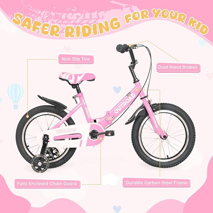 14/16/18 Inch Folding Kids Bike with Training Wheels, Gifts for Girl&Boy Age 3-10 Years, Toddler Bike with Dual Brakes for Beginners, Multi-Color
