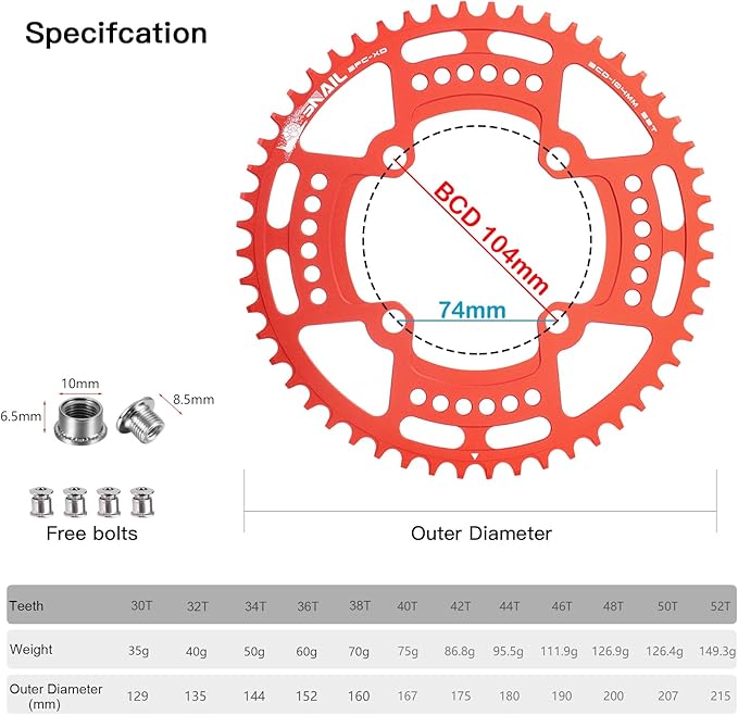 CYSKY 104 BCD Chainring 30T to 52T Narrow Wide Chainring with Sprocket Bolts for 1x Set-up Road Bike Mountain Bike BMX MTB Gravel Ebike