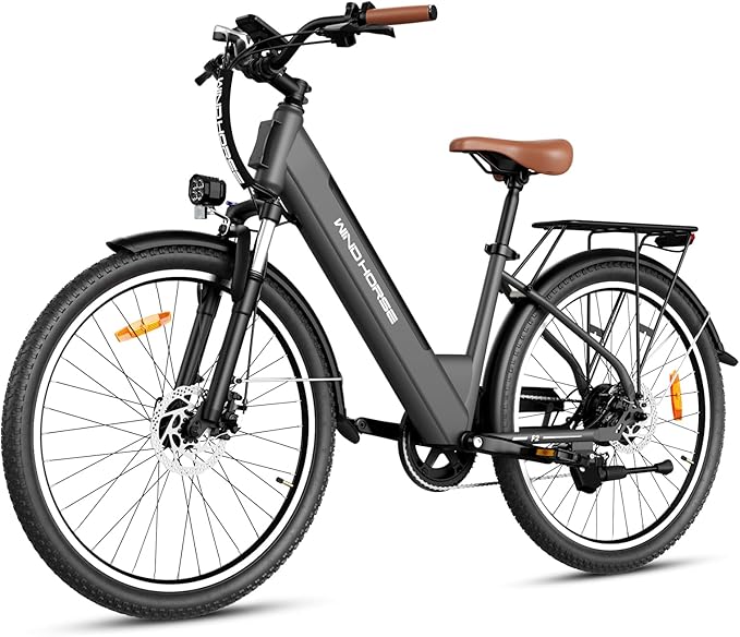 WINDHORSE 26" Electric Bike for Adults 20MPH & 30-50 Miles Range, Shimano 7-Speed, 468WH Removable Battery Commuter Ebike with 750W Peak Motor, Front Suspension, Rear Rack, Fenders, UL2849 Certified