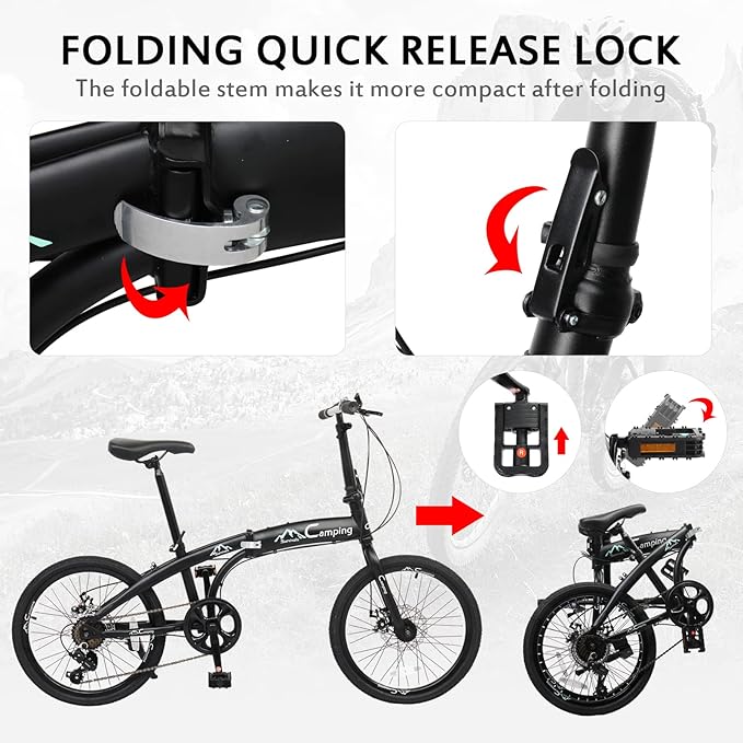 20 Inch Folding Bike, 7 Speed Foldable Bike with 100% Assembled, Dual Disc Brake, Fork Suspension, High-Carbon Steel Frame, Non-Slip tire and Adjustable Saddle (Black & Green)