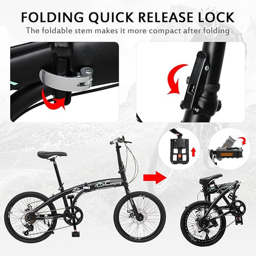20 Inch Folding Bike, 7 Speed Foldable Bike with 100% Assembled, Dual Disc Brake, Fork Suspension, High-Carbon Steel Frame, Non-Slip tire and Adjustable Saddle (Black & Green)