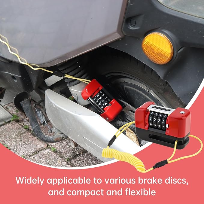 Windance Motorcycle Disc Brake Lock with Reminder Cable, Anti Theft Combination Wheel Lock,Waterproof Aluminum Alloy Keyless Password Security for Motorcycle Scooter Dirt Pit Bike E-Bike (Red)