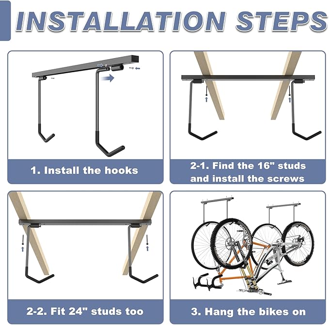 WALMANN Ceiling Mounted Bike Rack for Garage, Space-Saving Ceiling Bike Storage for 4 Bikes(Horizontally)/8 Bikes(Vertically), Adjustable Bike Hooks for Road Mountain Bikes