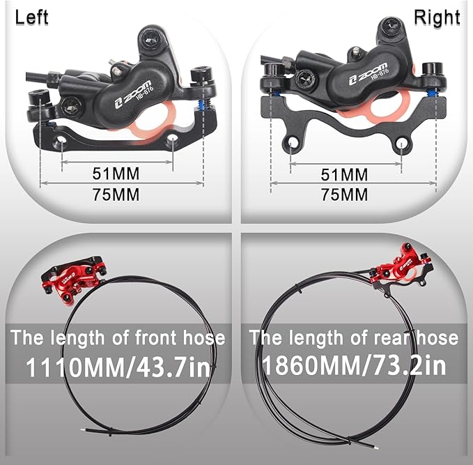 BUCKLOS Zoom HB876E 2-PIN 4 Pistons E-Bike Electric Power Off Hydraulic Disc Brake Set,Left Front 1100mm Right Rear 1850mm Aluminum Alloy Lever with Caliper is/PM Adapter for ebike/MTB Mountain Bike…