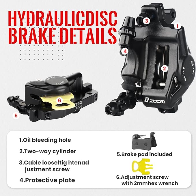 ZOOM Hydraulic Disc Brake Calipers: HB-100 MTB Bike Disc Brakes Front & Rear Caliper Set for Mountain, Road Bicycle and E-Bike