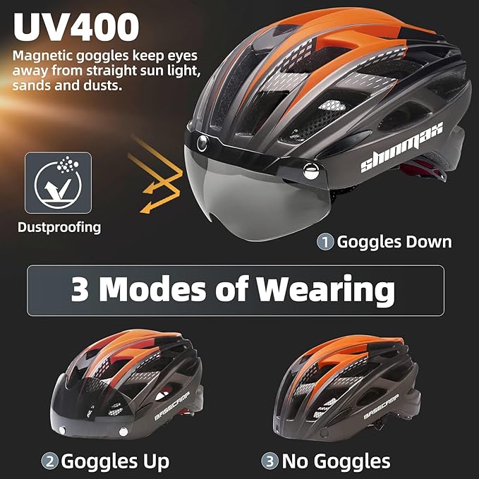 Bike Helmet, Basecamp Bicycle Helmet with Rear Light & Detachable Magnetic Goggles Lightweight Cycling Helmet Adjustable for Adult Men Women Mountain & Road (BC-069)