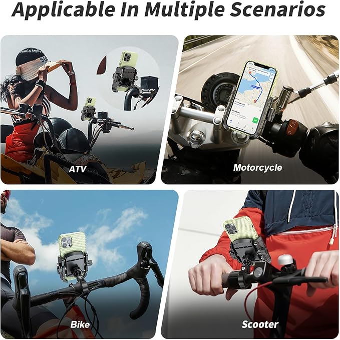 Bike Motorcycle Phone Mount with Aluminum Alloy Mounting Base, [1s Lock & Release] [Camera Friendly] Bicycle Handlebar Cell Phone Holder for Scooter ATV, Fit 5.4-7.2" Smartphone