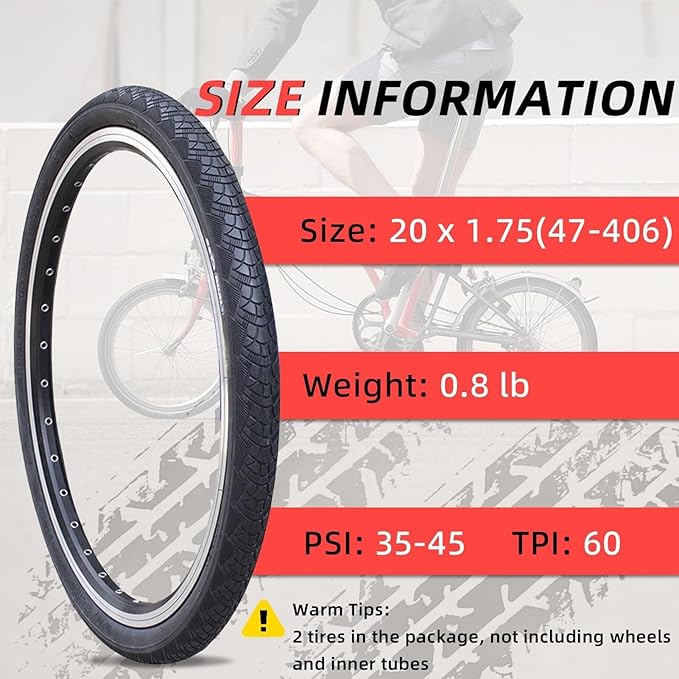2PCS 20 Inch Bike Tires 20x1.75/1.50-60 TPI Puncture Proof, All-Terrain Tread for MTB/E-Bike/Folding/BMX/City Commuter | Max Load 65KG(20x1.75)