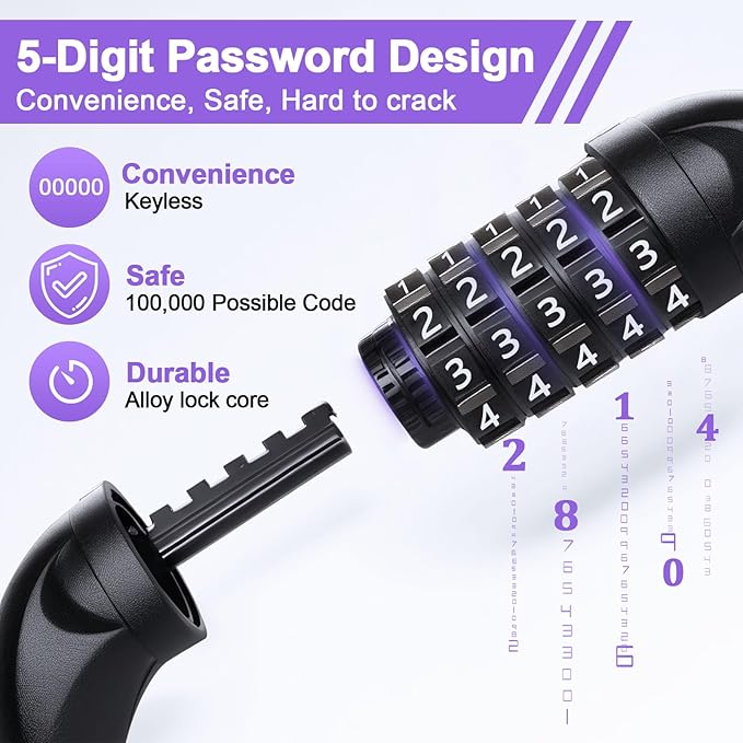 NDakter Bike Lock, 5 Digit Combination Heavy Duty Anti Theft Bicycle Chain Lock, 2.62/3.2/4.27/5/6Ft Long, High Security Resettable, Suitable for Bike, Scooter, Door, Gate, Fence-4/6mm Thick